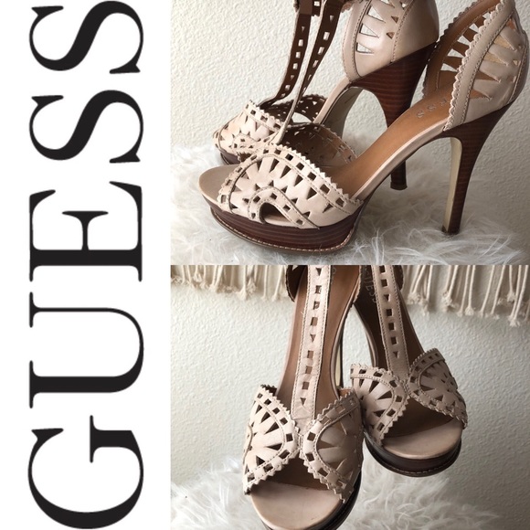 Guess Shoes - GUESS ivory leather stacked t strap sandals heels